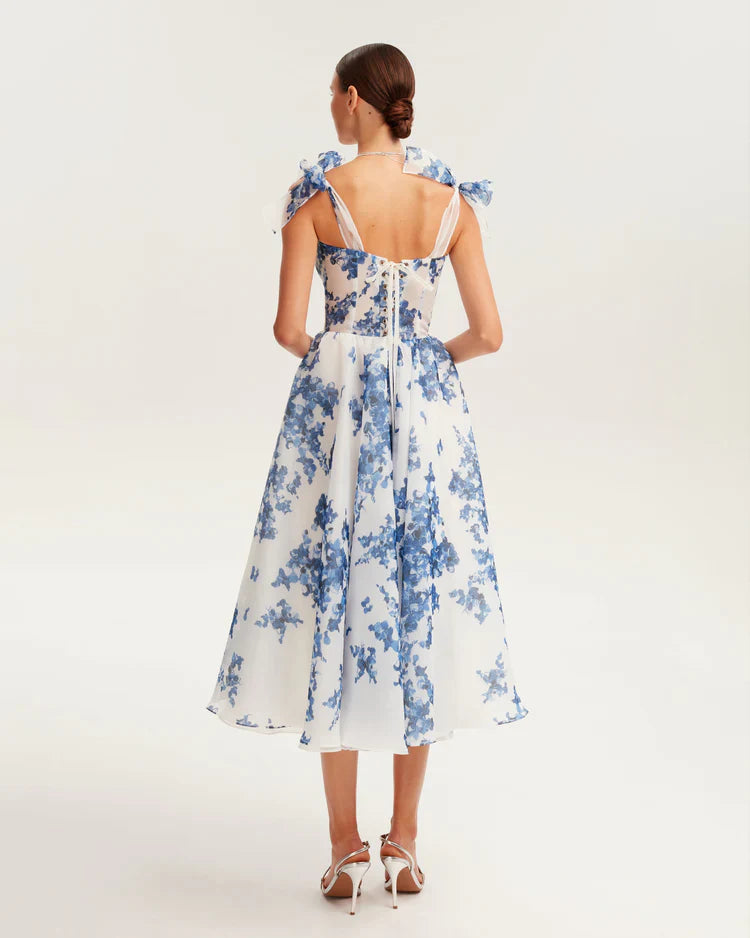 Heliane vestito midi in organza blu delicato per donna