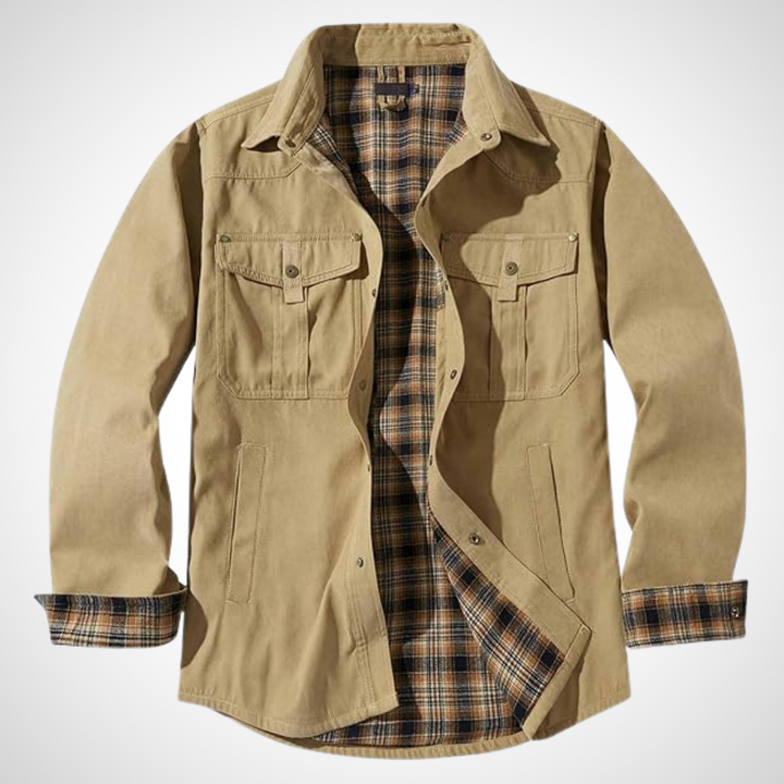 Herren Langarm Hemdjacke mit Pattentaschen und kariertem Innenfutter