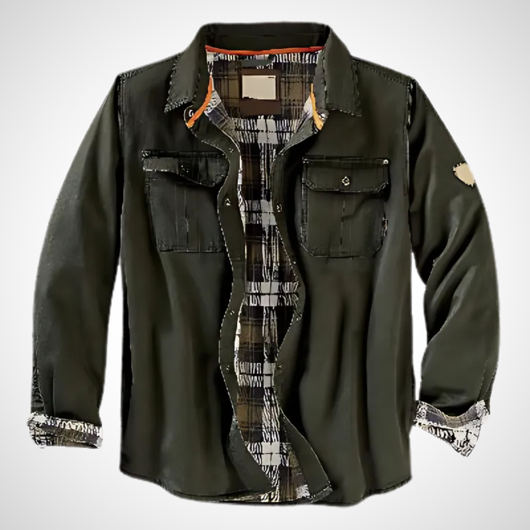 Herren Langarm Hemdjacke mit Pattentaschen und kariertem Innenfutter