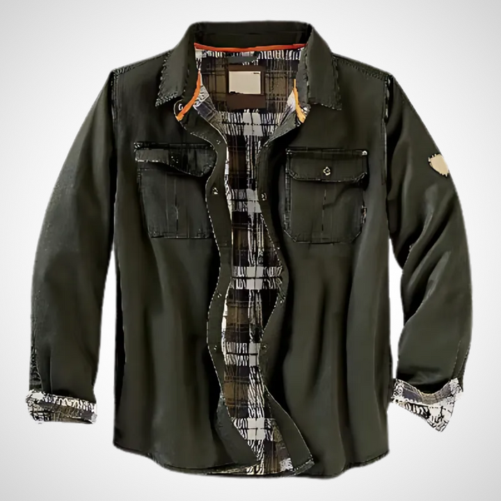 Herren Langarm Hemdjacke mit Pattentaschen und kariertem Innenfutter