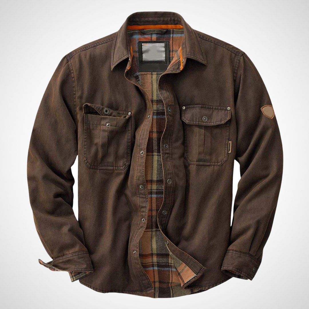 Herren Langarm Hemdjacke mit Pattentaschen und kariertem Innenfutter