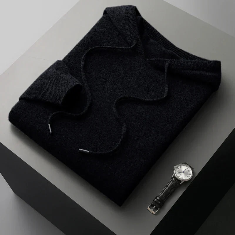 Herren Langarm-Hoodie mit Rippkanten-Kapuze und Kordeln