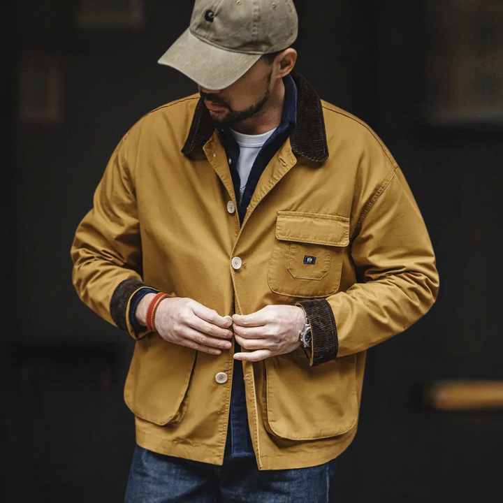 Herren Langarmjacke mit Knopfverschluss Vorn und Spitzem Kragen