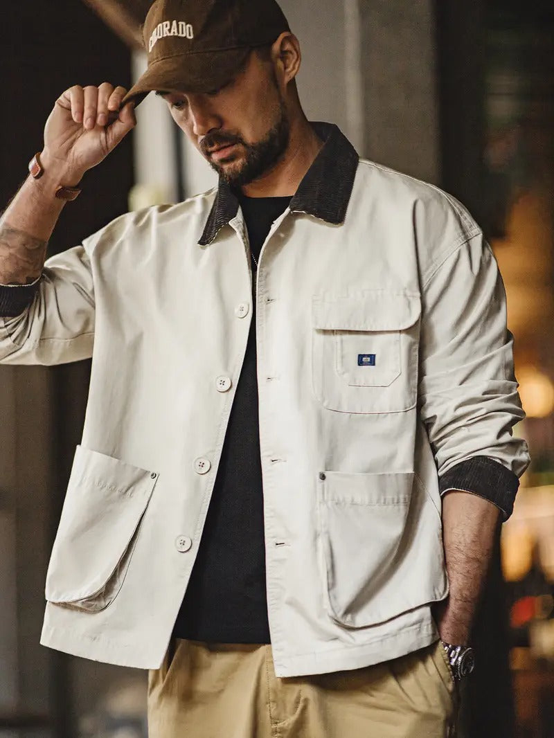Herren Langarmjacke mit Knopfverschluss Vorn und Spitzem Kragen