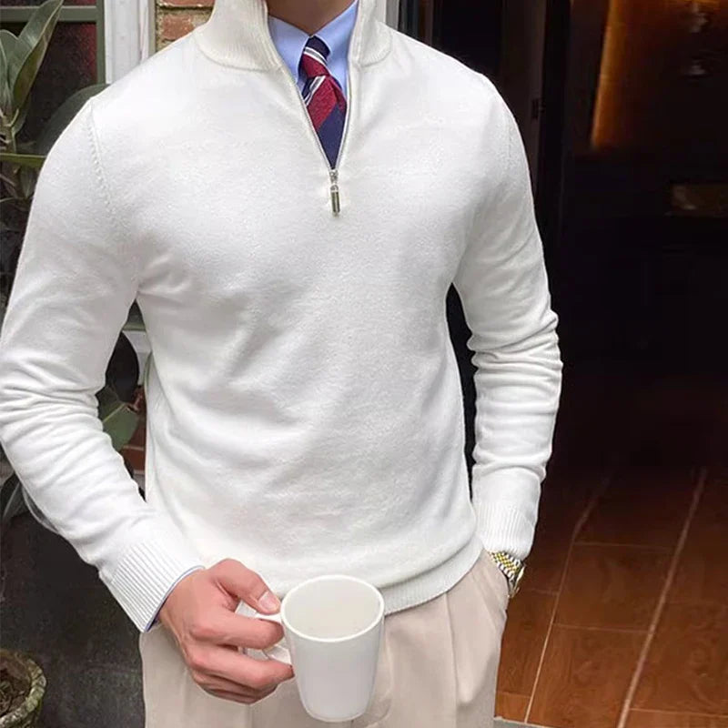 Herren Langarmpullover mit Hohem Kragen und Kurzem Reißverschluss