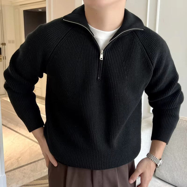 Herren Langarmpullover mit Stehkragen und kurzem Frontreißverschluss