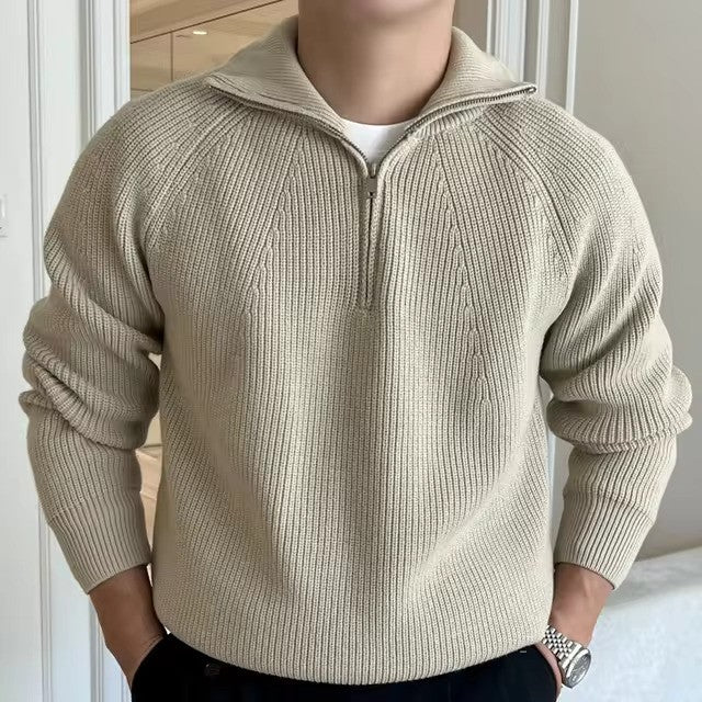 Herren Langarmpullover mit Stehkragen und kurzem Frontreißverschluss
