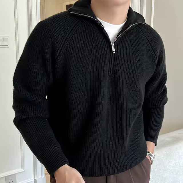 Herren Langarmpullover mit Stehkragen und kurzem Frontreißverschluss