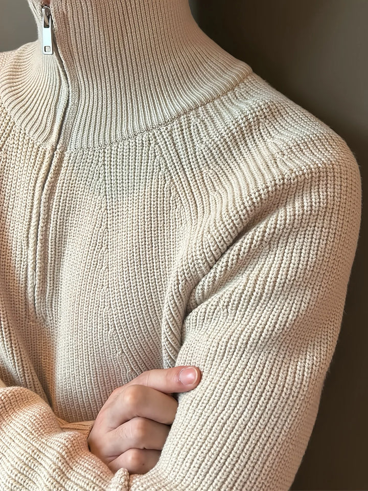 Herren Langarmpullover mit Stehkragen und kurzem Frontreißverschluss