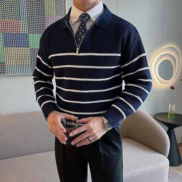 Herrenpullover mit Polokragen Reißverschluss und Streifenmuster