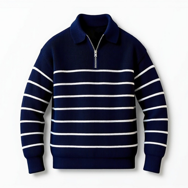 Herrenpullover mit Polokragen Reißverschluss und Streifenmuster