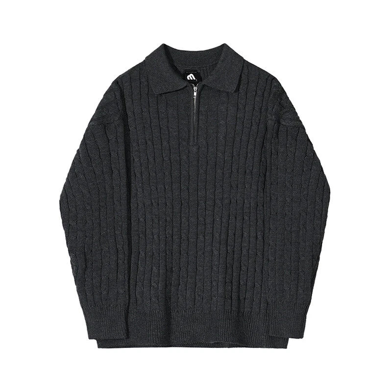 Herrenpullover mit Polokragen Zopfmuster und kurzem Reißverschluss
