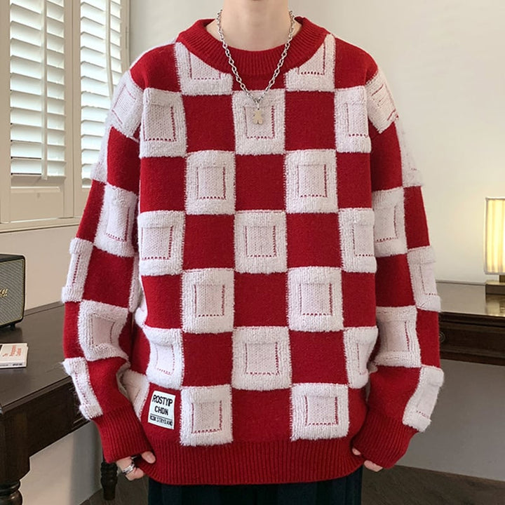 Herrenpullover mit Rundhalsausschnitt und Schachbrettmuster