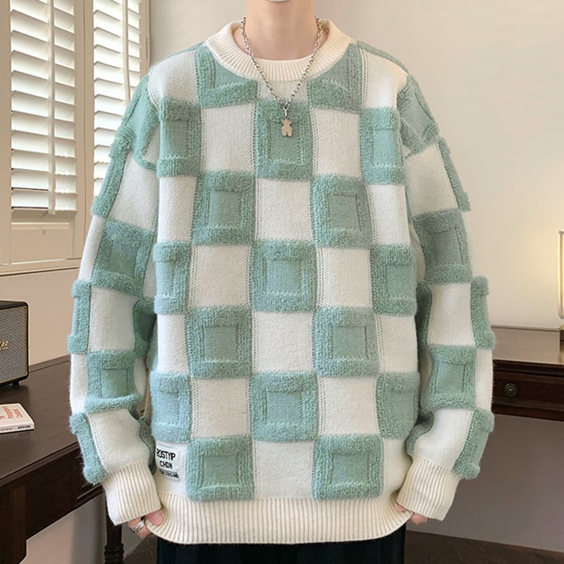 Herrenpullover mit Rundhalsausschnitt und Schachbrettmuster