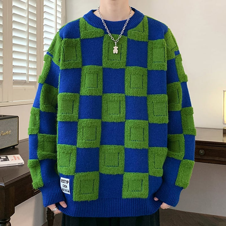 Herrenpullover mit Rundhalsausschnitt und Schachbrettmuster
