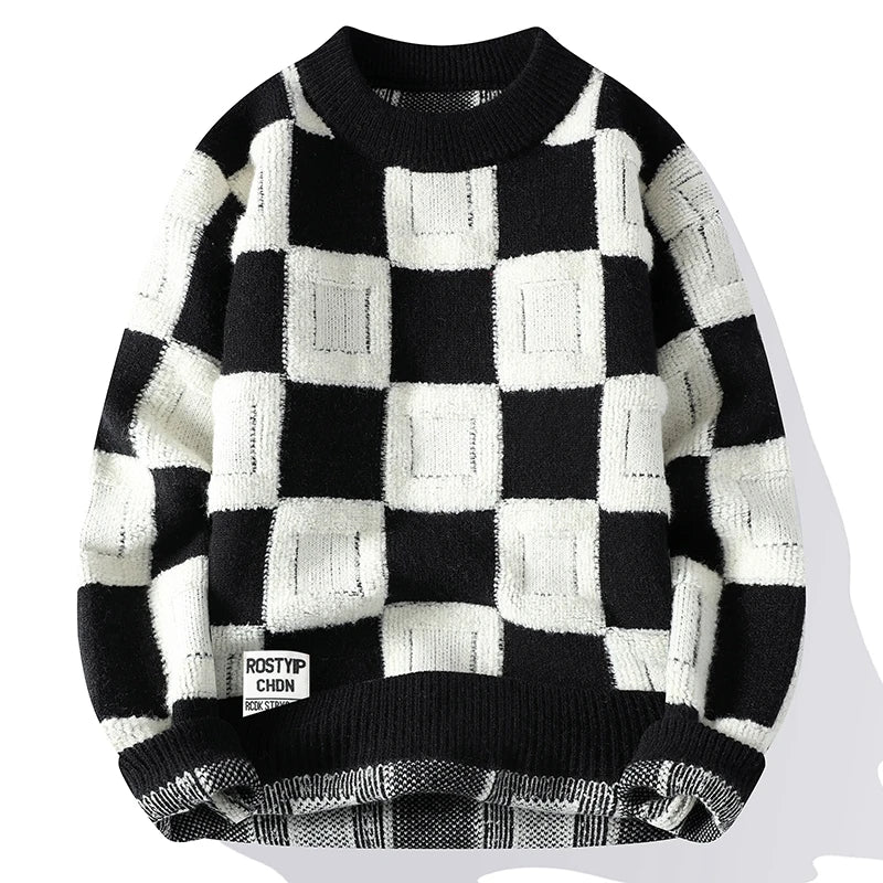 Herrenpullover mit Rundhalsausschnitt und Schachbrettmuster