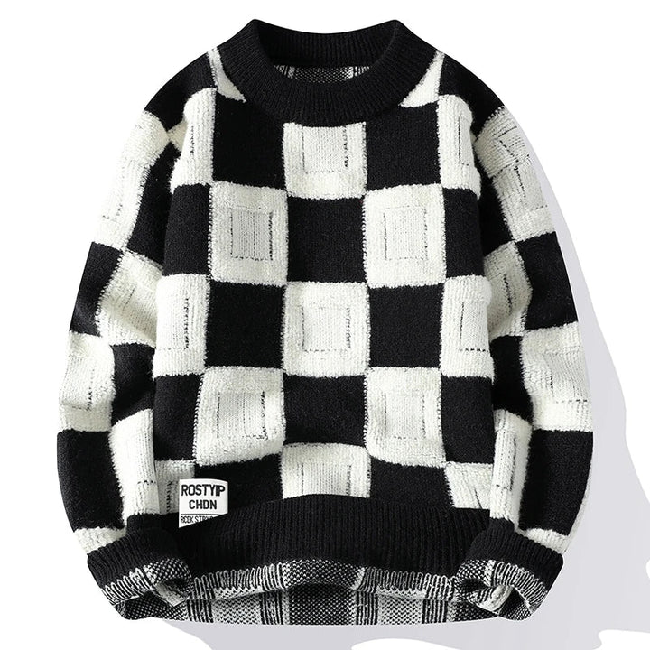 Herrenpullover mit Rundhalsausschnitt und Schachbrettmuster