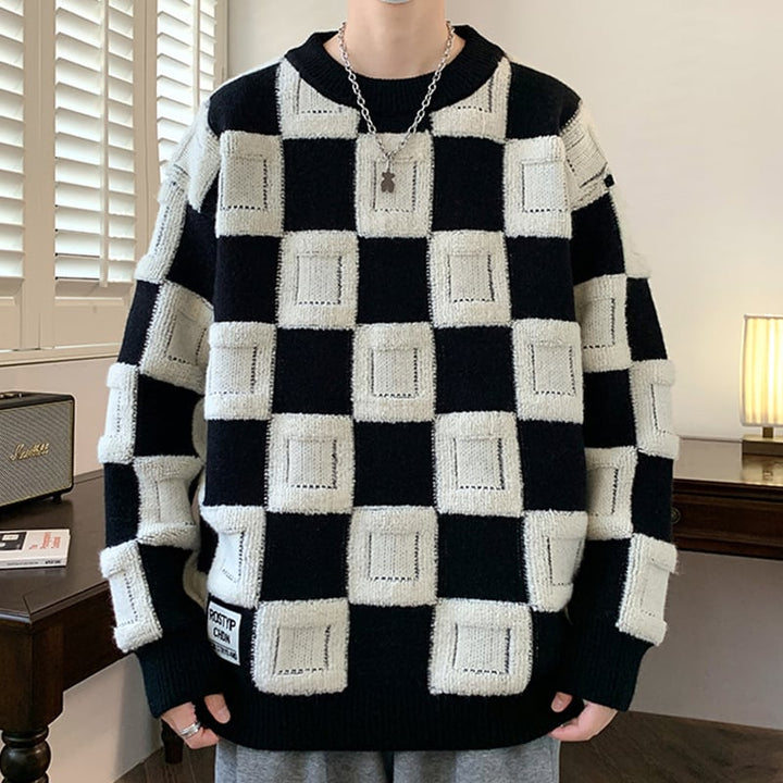 Herrenpullover mit Rundhalsausschnitt und Schachbrettmuster
