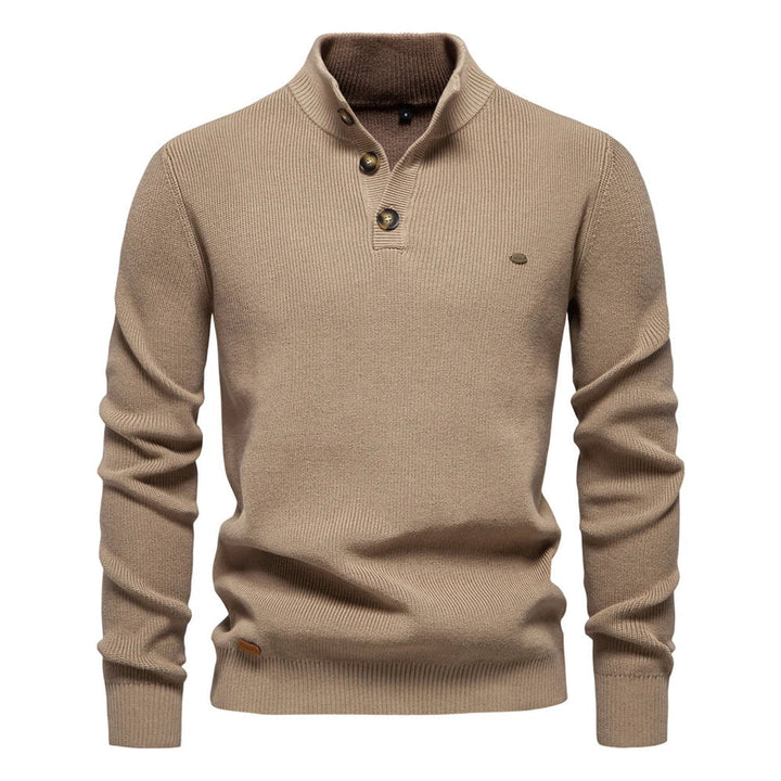 Herrenpullover mit Stehkragen und kurzer Knopfleiste