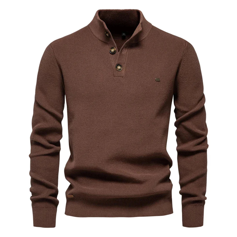 Herrenpullover mit Stehkragen und kurzer Knopfleiste