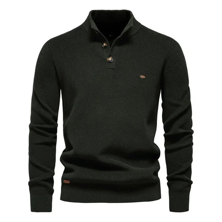 Herrenpullover mit Stehkragen und kurzer Knopfleiste