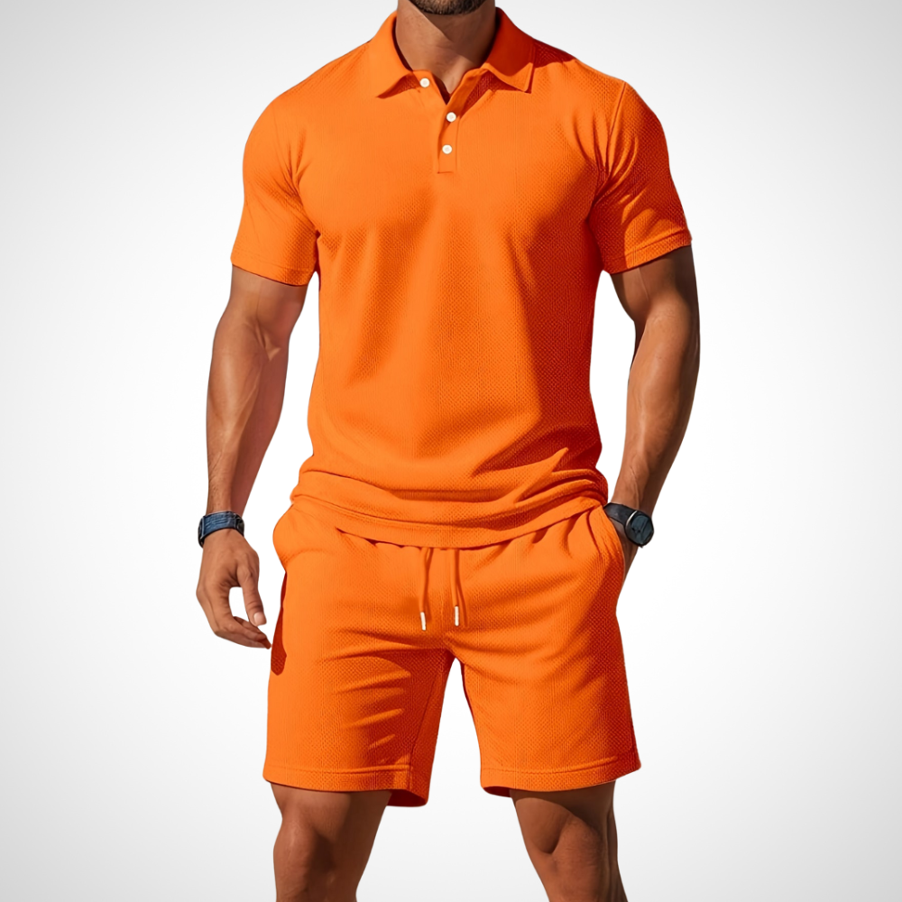 Auffälliges Herrenset in Orange – sommerliches Zweiteiliges Set mit Poloshirt und Shorts