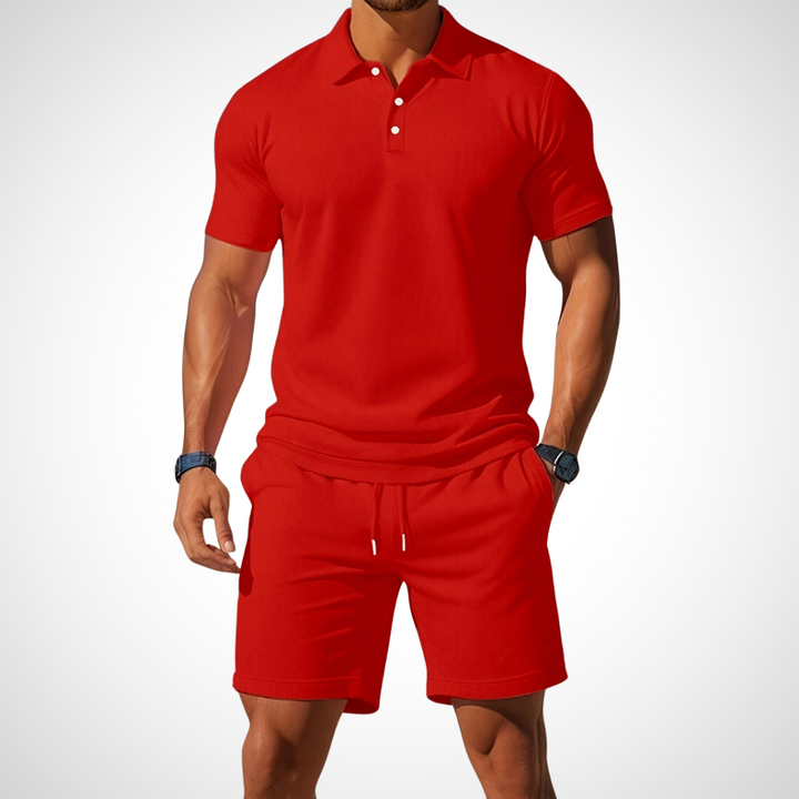 Herrenset in Rot mit Poloshirt und Shorts – modisches Zweiteiliges Set für Herren