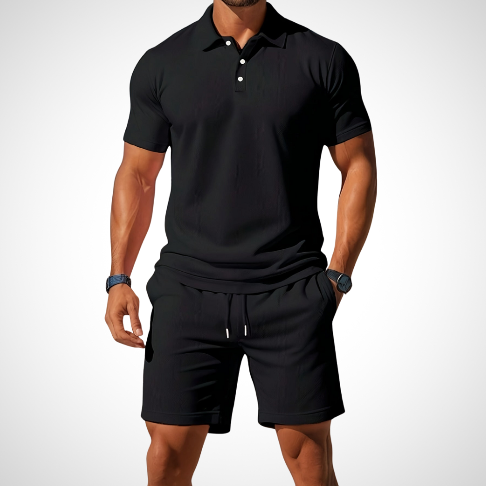 Schwarzes Herrenset mit Polo und Shorts – schlichtes Zweiteiliges Set mit Stil
