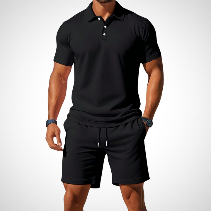 Schwarzes Herrenset mit Polo und Shorts – schlichtes Zweiteiliges Set mit Stil
