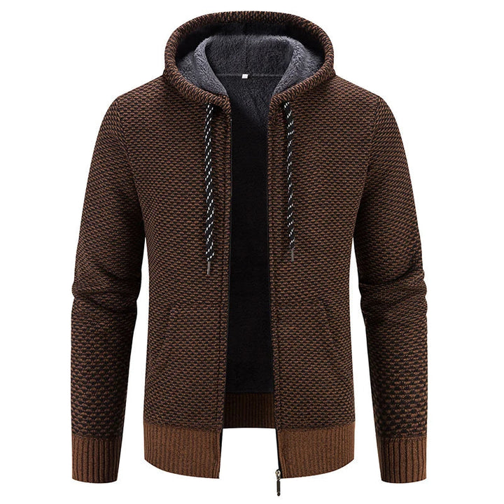 Herrenstrickjacke mit Kapuze Strickmuster und Frontreißverschluss