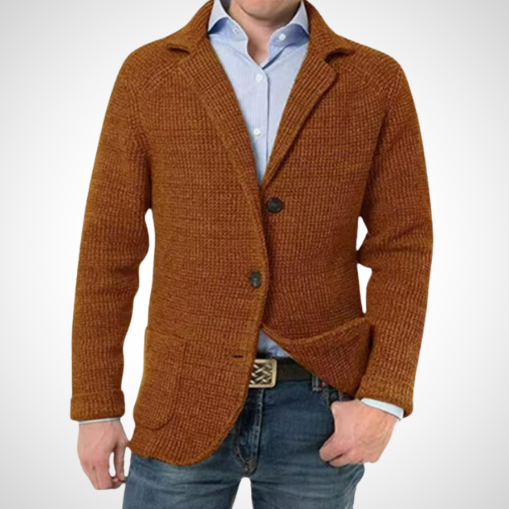 Herrenstrickjacke mit Stehkragen Knöpfen und aufgesetzten Taschen