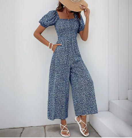 Bettina Damen-Jumpsuit mit Floralem Muster und Weitem Bein