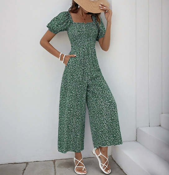 Bettina Damen-Jumpsuit mit Floralem Muster und Weitem Bein