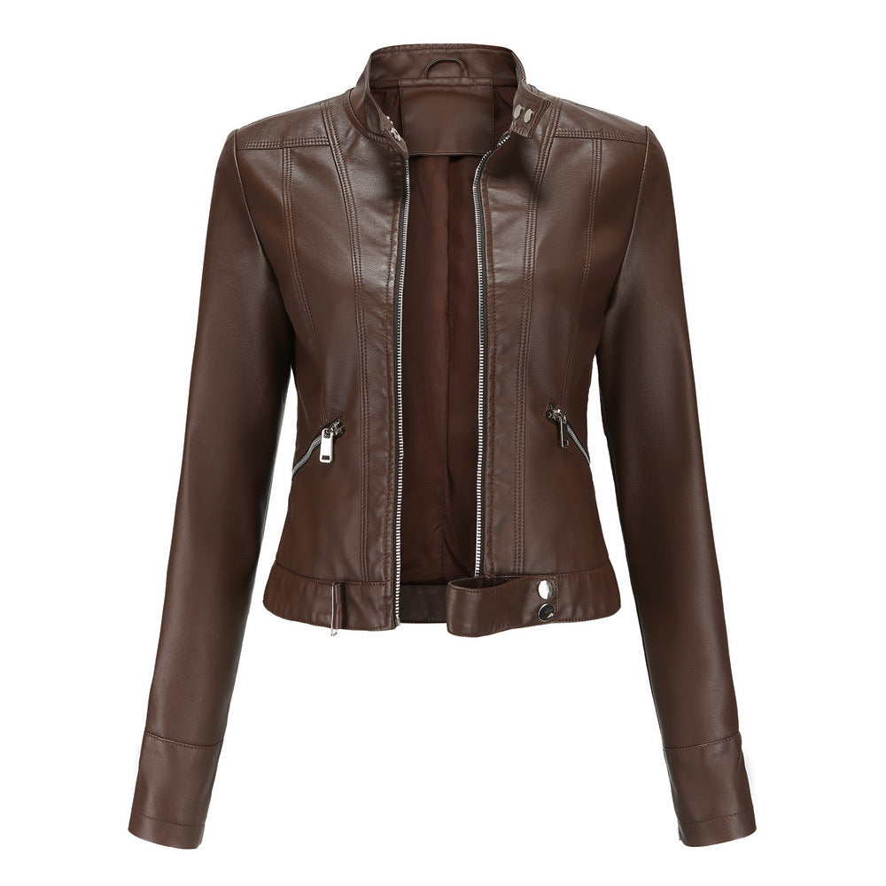 Jacke für Damen in Dunkelbraun mit Druckknopfkragen, Reißverschluss vorne und Seitentaschen mit Zipper