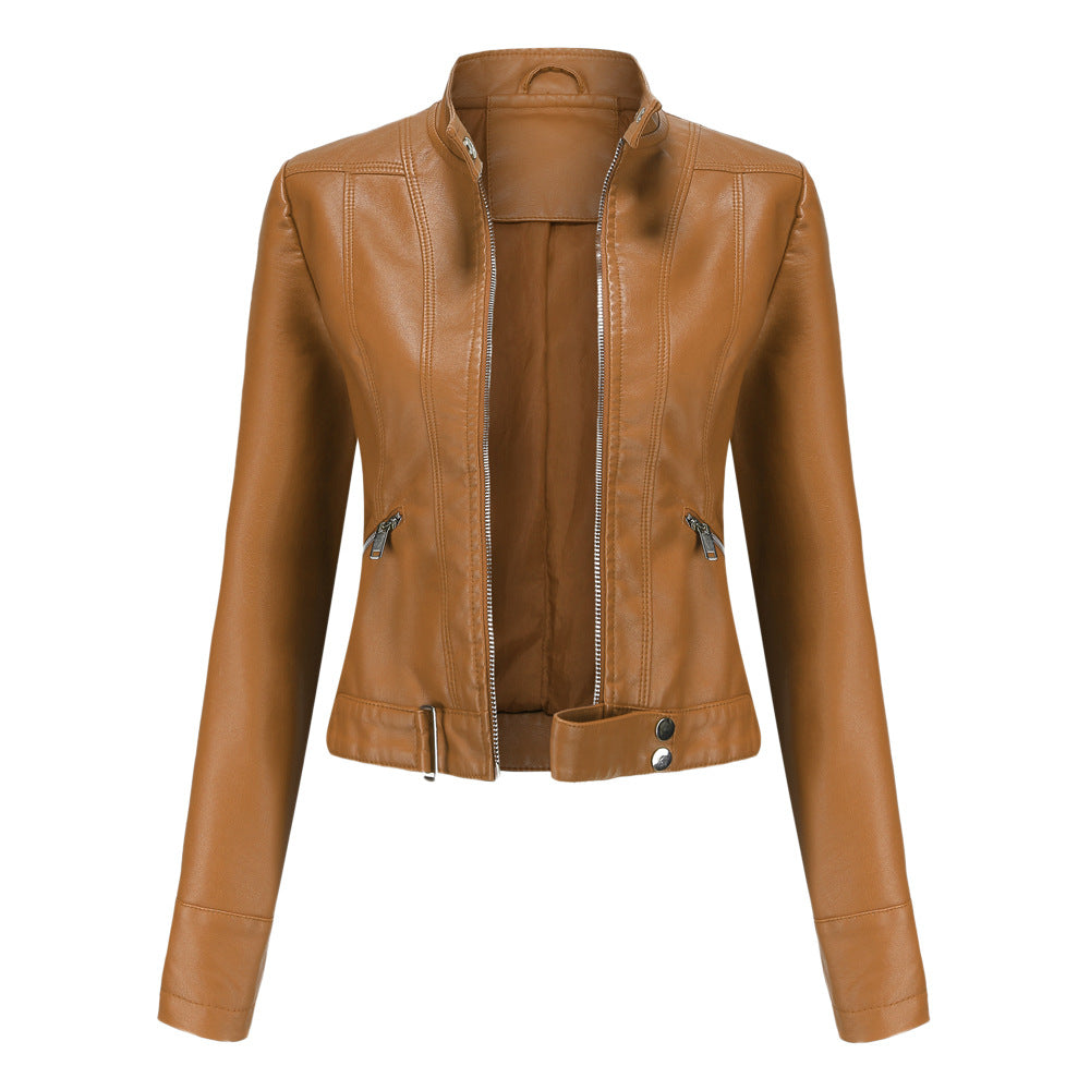 Jacke für Damen in Hellbraun mit Druckknopfkragen, Reißverschluss vorne und Seitentaschen mit Zipper