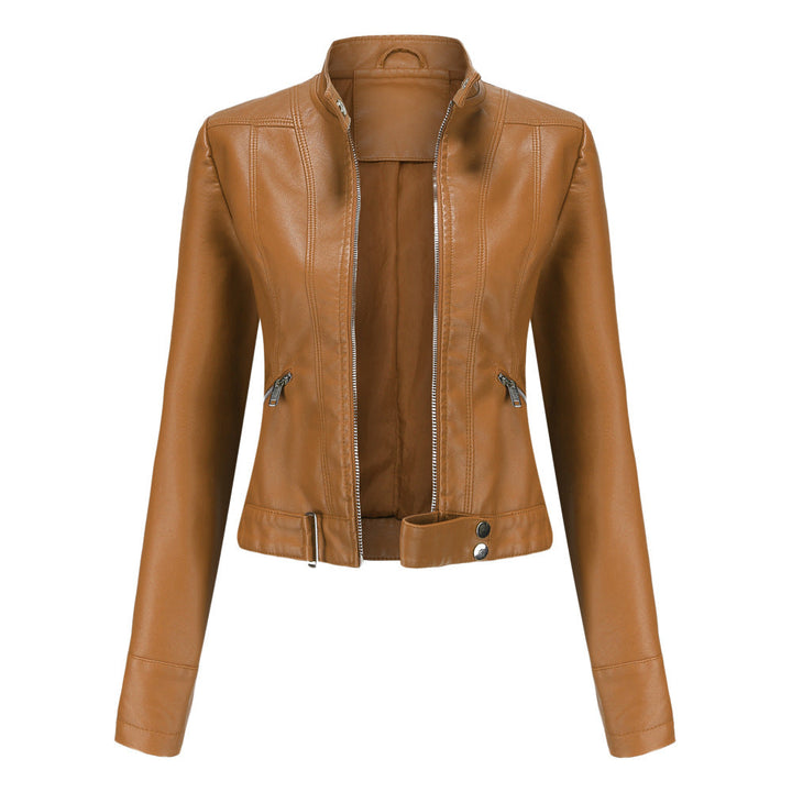Jacke für Damen in Hellbraun mit Druckknopfkragen, Reißverschluss vorne und Seitentaschen mit Zipper