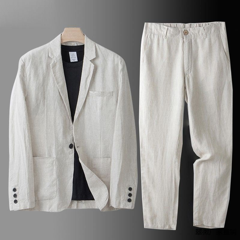 Jaden stylisches Leinen-Zweiteiliges Set für Herren in Beige, entworfen für einen entspannten und bequemen Look