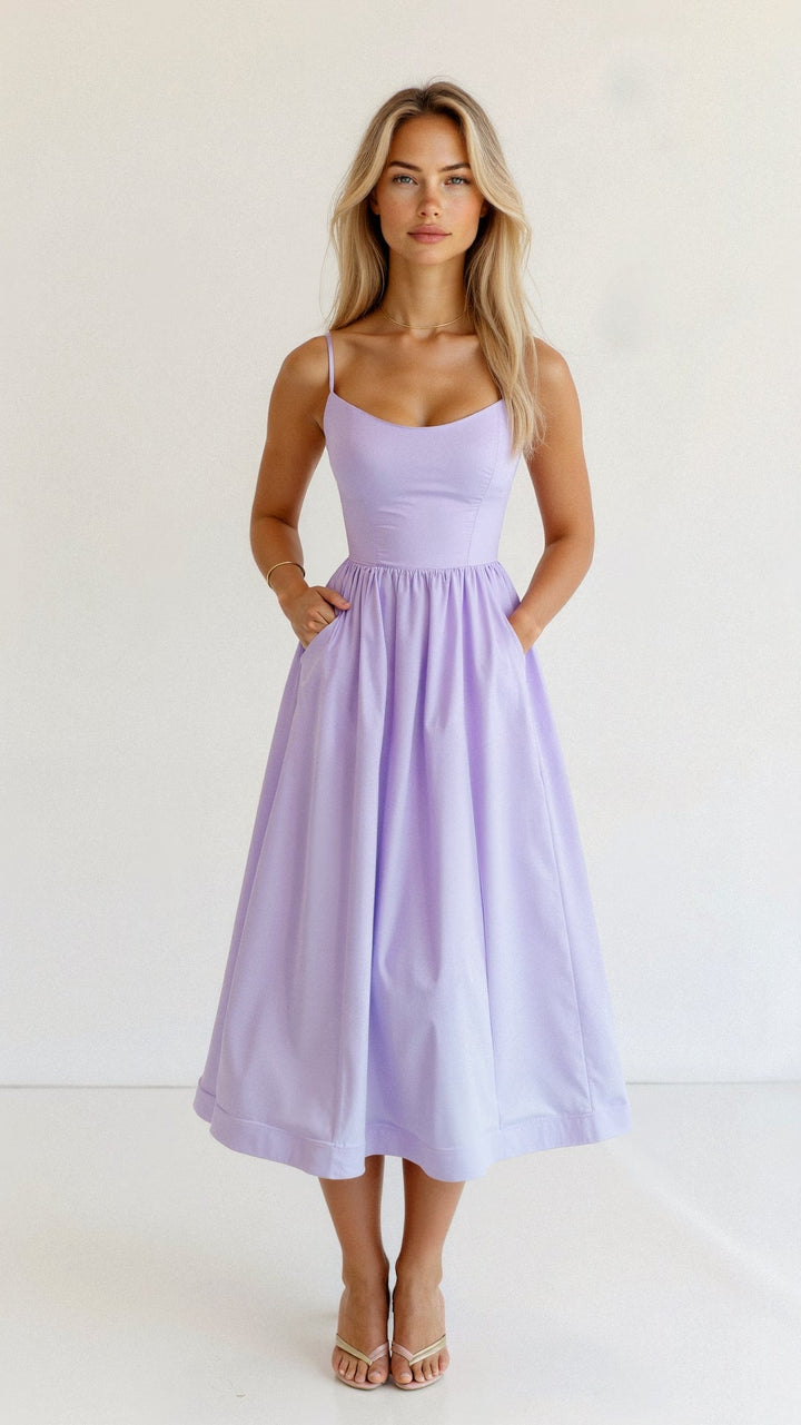 Lila Midikleid mit Spaghettiträgern – stilvoll und charmant für warme Tage