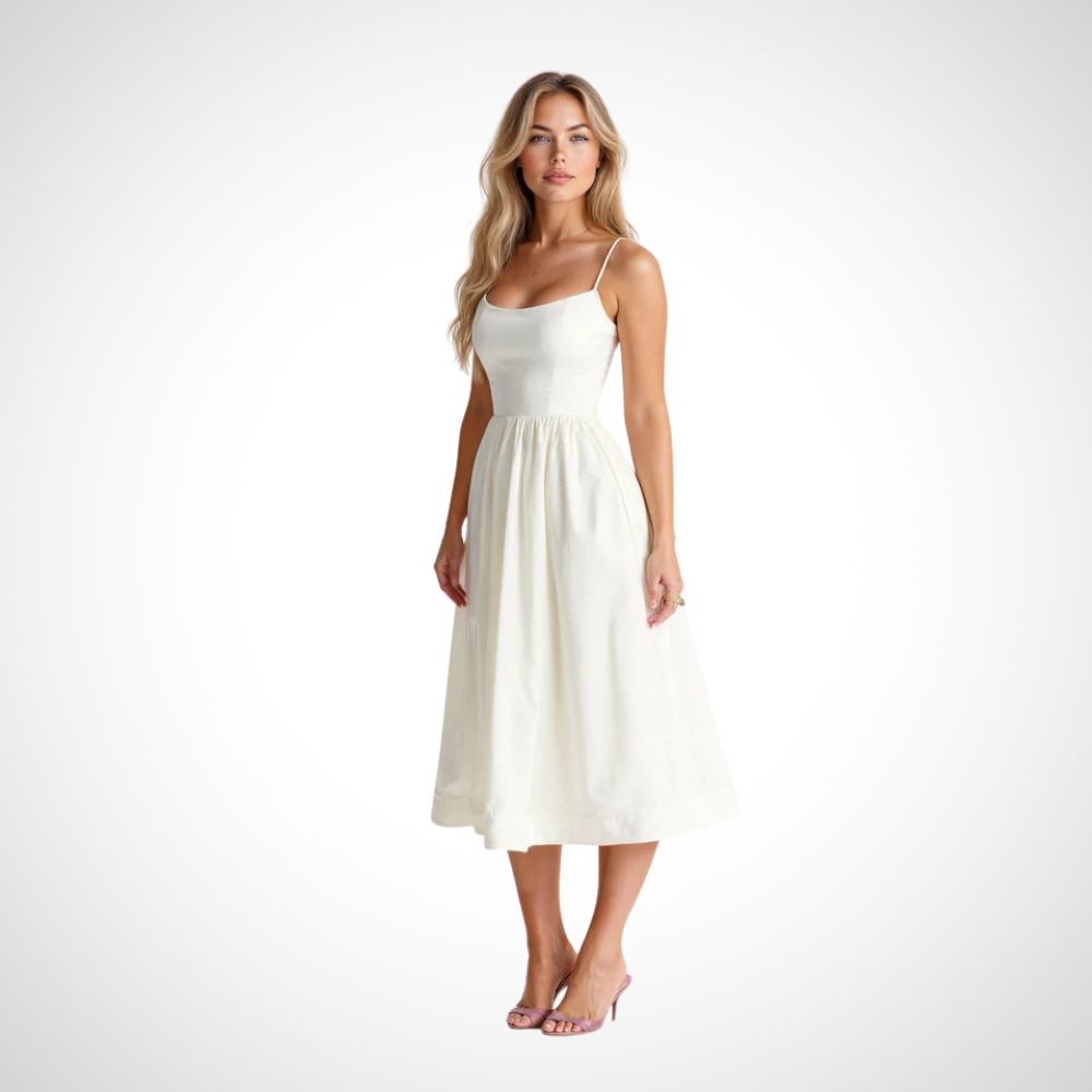 Weißes Midikleid mit Spaghettiträgern und A-Linien-Schnitt – sommerlich und elegant