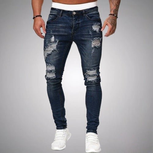 Jeans für Herren in Dunkelblau mit stylischen Rissen, figurbetontem Schnitt und auffälligen Used-Details