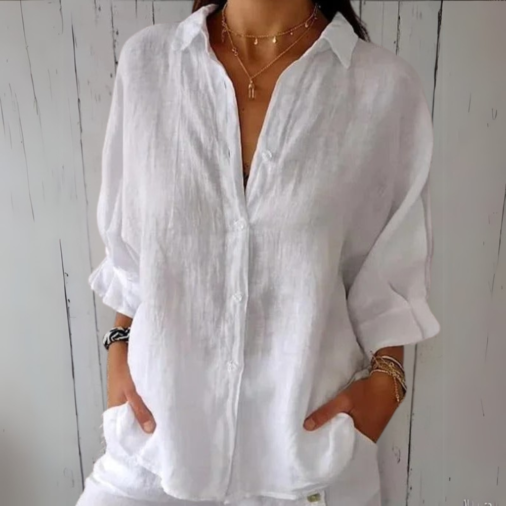 Lässige weiße Baumwoll-Leinen-Bluse für Damen, die ein bequemes und atmungsaktives Design bietet, perfekt für den Alltag.