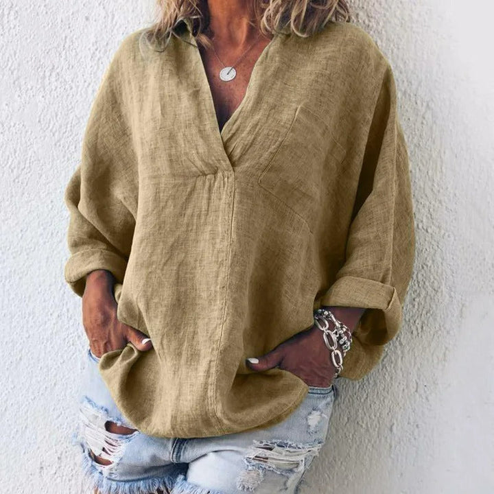 Kamilla Bluse in Khaki für Damen aus Baumwoll-Leinen-Mix mit natürlichem Ton und bequemem Sitz