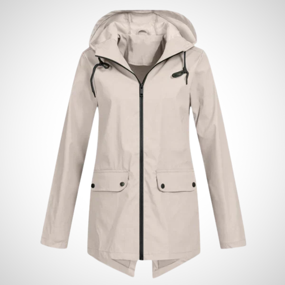 Wasserfester Kapuzenjacke in Beige mit Reißverschluss-Front, verlängertem Rückensaum und wetterfester Kapuze für Damen.