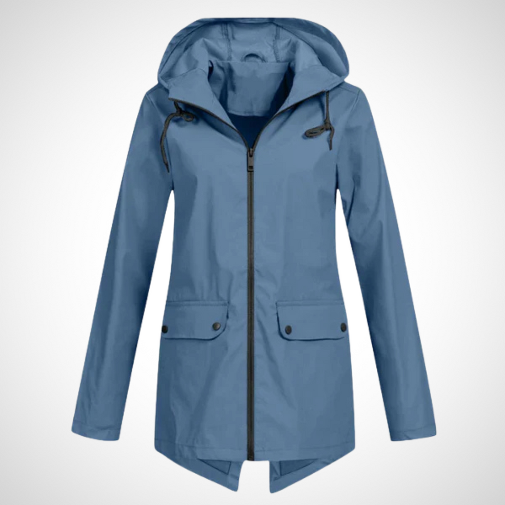 Wasserfester Kapuzenjacke in Blau mit Reißverschluss-Front, verlängertem Rückensaum und wetterfester Kapuze für Damen.