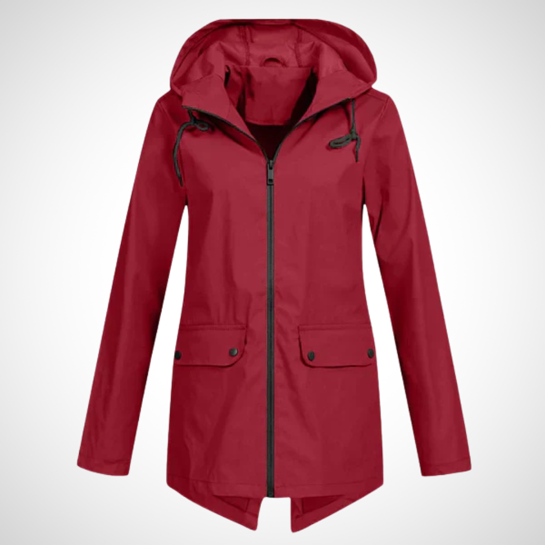 Wasserfester Kapuzenjacke in Bordeauxrot mit Reißverschluss-Front, verlängertem Rückensaum und wetterfester Kapuze für Damen.