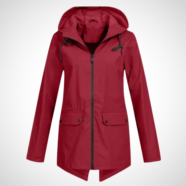 Wasserfester Kapuzenjacke in Bordeauxrot mit Reißverschluss-Front, verlängertem Rückensaum und wetterfester Kapuze für Damen.