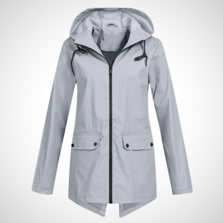 Wasserfester Kapuzenjacke in Grau mit Reißverschluss-Front, verlängertem Rückensaum und wetterfester Kapuze für Damen.