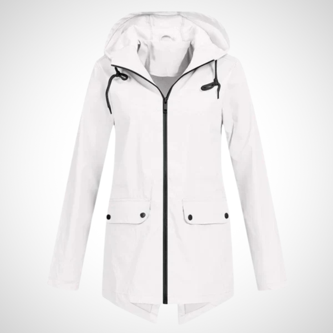 Wasserfester Kapuzenjacke in Weiß mit Reißverschluss-Front, verlängertem Rückensaum und wetterfester Kapuze für Damen.