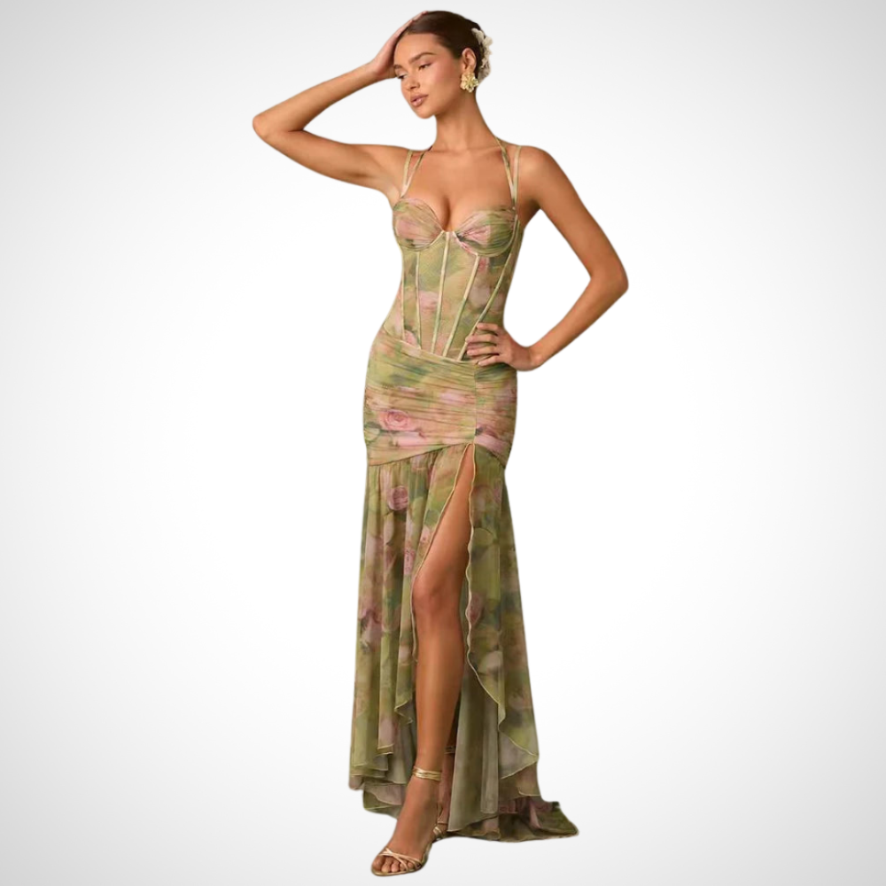 Korsett Faltenrock Wickelkleid für Damen mit Blumenmuster in eleganter Frontansicht Damenkleid
