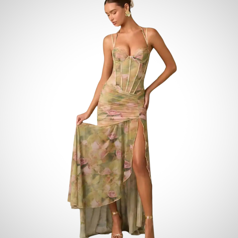 Korsett Faltenrock Wickelkleid für Damen im Stehlook mit taillierter Korsettfront Damenkleid